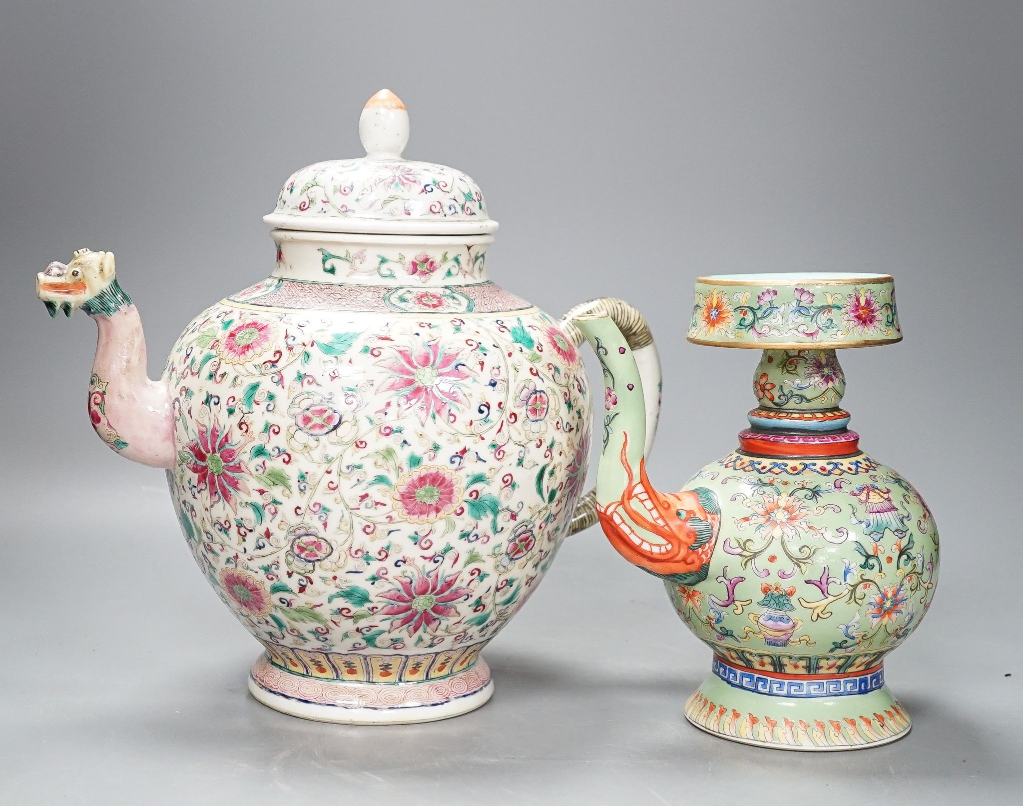 A large 19th century Chinese famille rose wine pot, and another wine pot, tallest 27cm